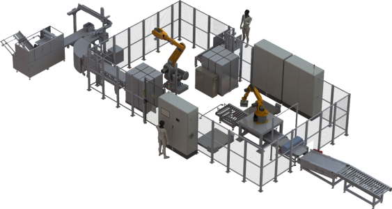 Roboteranlage mit zwei 6-Achs-Robotern, Fördertechnik und Einzäunung